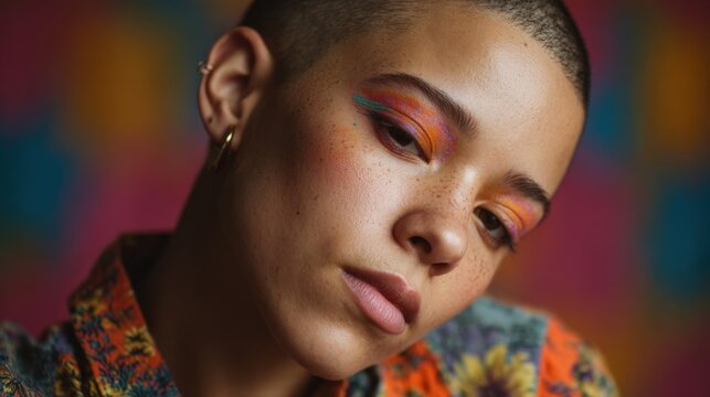 close-up of a Gen Z non-binary person with colorful makeup and shaved head, proud and peaceful expression, soft studio lighting, vibrant fabric backdrop