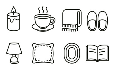 Cozy home symbols featuring candle, cup, blanket, slippers, lamp, pillow, rug, and book icons