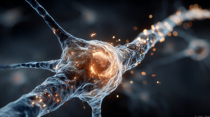 A close-up view of neurons with glowing connections, illustrating the complexity of the nervous system and brain activity.