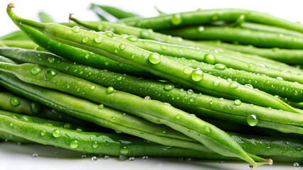 Fototapeta premium Close up of fresh green beans with dew drops on the surface vegetable