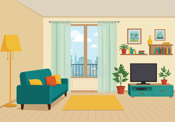 A cozy living room scene with a teal sofa, yellow accents, and a window view, creating a comfortable and inviting atmosphere for relaxation