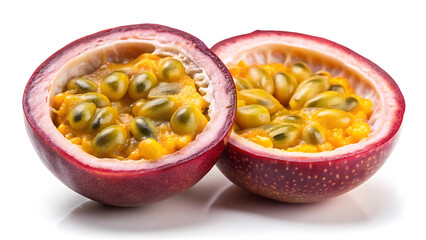Macro shot of a halved passion fruit showing seeds and pulp