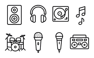 Music icons: speaker, headphones, turntable, notes, drums, microphones, boombox