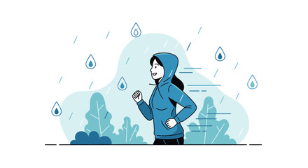 Obraz premium Woman Jogging In Rainy Weather Wearing A Hooded Jacket For Outdoor Exercise