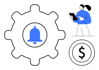 Gear with highlighted bell, confident woman with tablet, and dollar symbol. Ideal for finance, technology, business, productivity, management, notifications simple landing page