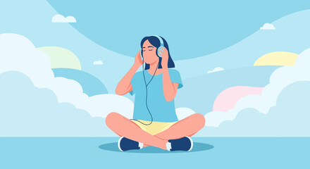 Woman Meditating While Listening To Music, Relaxing and Enjoying Tranquility In Nature