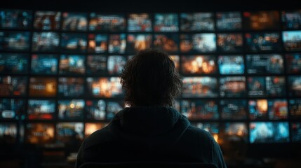 Man reaches toward digital screens displaying various content, futuristic technology concept, interactive media display with diverse visuals