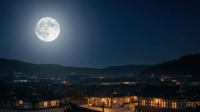 Chuseok moon illuminates traditional Korean village homes on clear night. Chuseok celebration involves visiting ancestral homes and enjoying time together under moonlight.