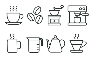 Coffee icons: cup, beans, grinder, espresso machine, mug, pot, kettle, pour-over