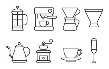 Minimalist coffee brewing equipment icons: french press, espresso machine, pour over