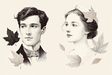 Elegant couple portrait with autumn maple leaves representing fall season