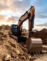 Excavator working in a quarry at sunset