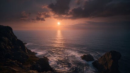 Obraz premium Dramatic coastal sunset over rocky shoreline. AI image