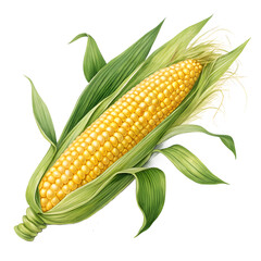 Fresh ear of corn with green husks and silks on black background