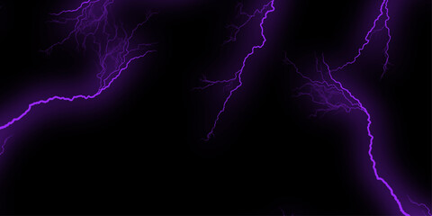 Lightning bolt or electric thunderbolt strikes in a stormy and cloudy purple night sky isolated on a dark background. Lightning and clouds in the night storm. Abstract Watercolor Vector purple, black.