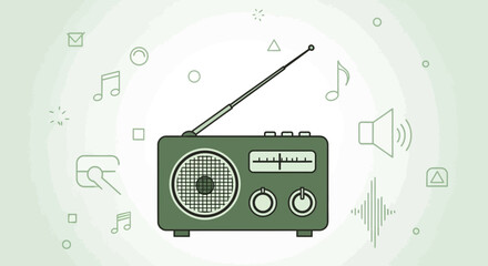 Obraz premium Vintage Radio Illustration Surrounded By Musical Elements, Sound Waves, And Geometric Shapes