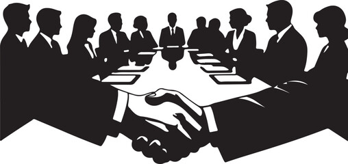 Black and white silhouette of business people shaking hands at a meeting table handshake agreement