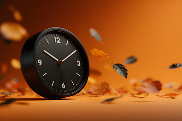 Daylight saving time ends. Black clock on orange background with autumn leaves. Summer time end and fall season coming. Clock turn backward to winter time. Autumn equinox