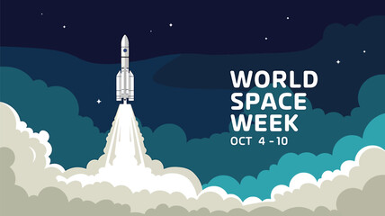 Vector art of world space week illustration featuring a rocket ascending into the dark sky amidst clouds and stars