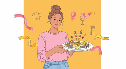 Woman Presents Plate of Appetizers with Ribbons and Wine Glass on Yellow Background