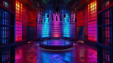 Fototapeta premium Illuminated stage with colorful lights and grid backdrop in a vibrant and modern setting on transparent background silhouette
