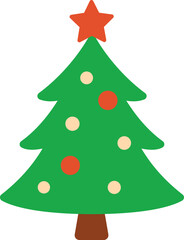Merry Christmas and a happy new year with a green cartoon fir tree vector illustration decorated with colorful ornaments, a star, and gifts
