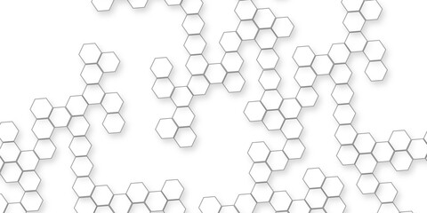 A pattern of white hexagon shapes arranged subtle shadows that create a three-dimensional, layered effect, the geometric repetition and depth of the hexagonal grid.	