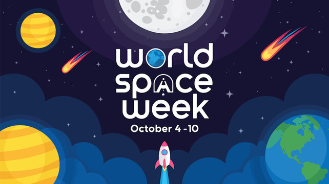Vector art of world space week illustration with planets, rockets, and comets in a starry night sky, celebrating october 410