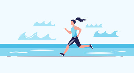 Fototapeta premium Woman Running Near Ocean, Achieving Fitness Goals, Exercising Outdoors for Health