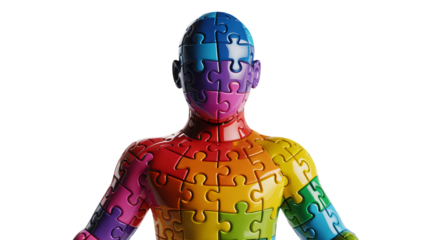 Vibrant rainbow puzzle human form symbolizes unity, diversity, and complex interconnectedness