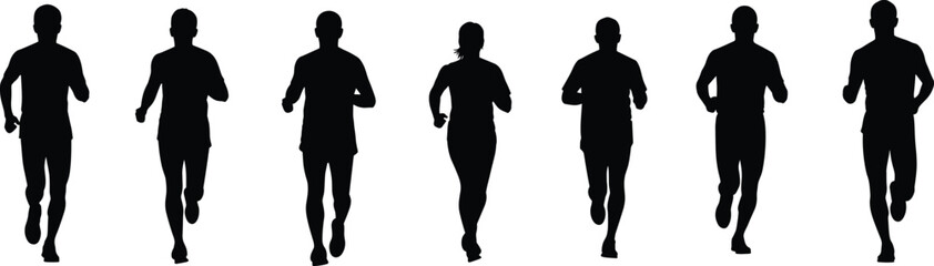 Silhouette runners in motion, athletic male and female jogging poses, fitness training vector set for sports and animation reference