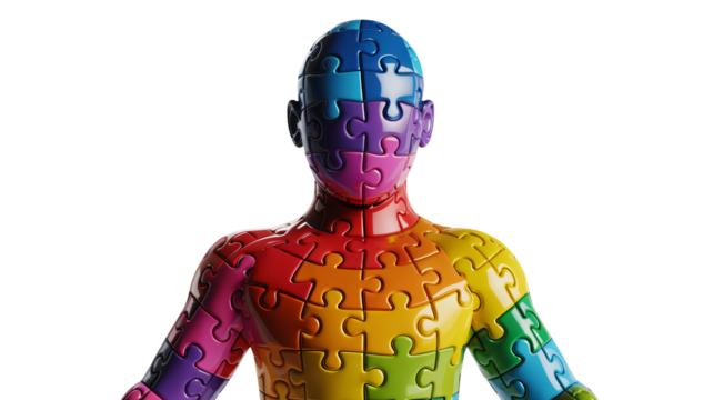 Vibrant rainbow puzzle human form symbolizes unity, diversity, and complex interconnectedness