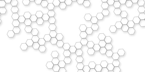 A pattern of white hexagon shapes arranged subtle shadows that create a three-dimensional, layered effect, the geometric repetition and depth of the hexagonal grid.	