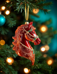 Red Horse Ornament Hanging on a Decorated Christmas Tree with Lights