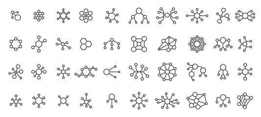Business network icons. Networking structures, organization connections and atomic bond diagrams. Abstract connected nodes or chemical molecules linear vector set with editable stroke path.