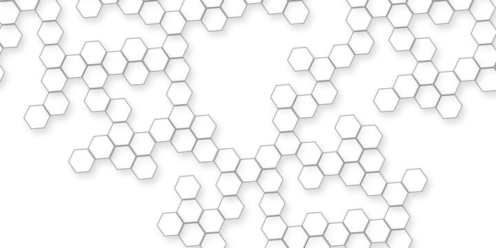 A pattern of white hexagon shapes arranged subtle shadows that create a three-dimensional, layered effect, the geometric repetition and depth of the hexagonal grid.	