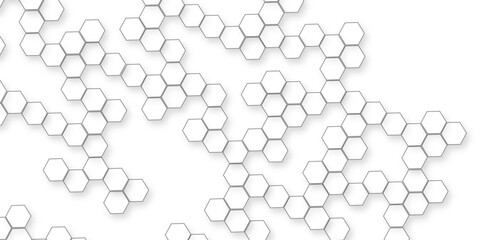 A pattern of white hexagon shapes arranged subtle shadows that create a three-dimensional, layered effect, the geometric repetition and depth of the hexagonal grid.	
