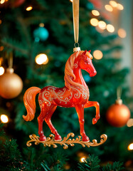 Festive Red Horse Ornament Hanging on a Decorated Christmas Tree