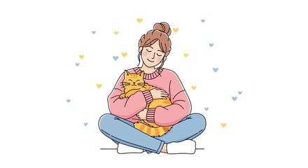 Woman Smiling While Hugging Friendly Pet Cat With Hearts, Illustration, Simple And Appealing