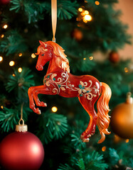 Elegant Red Horse Ornament Hanging on Festive Christmas Tree Branch
