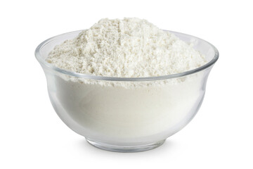 White flour in glass bowl isolated on white background