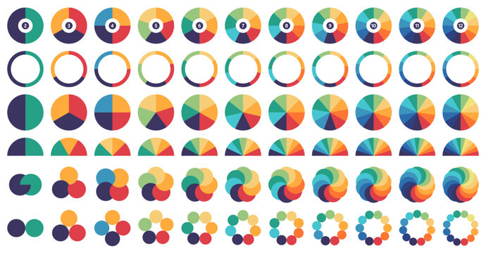 Multicolored circular diagrams. Segmented pie chart and donut infographic graphs, gauge layouts, overlapping and interconnected circles for data visualization and business presentation vector set.
