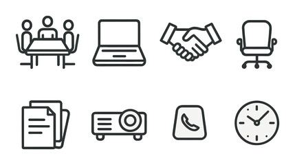Office icons: meeting, laptop, handshake, chair, documents, projector, phone, clock
