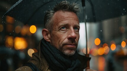 middle-aged man walking through a rainy city with a contemplative expression, umbrella, bokeh lights, emotional realism, cinematic tone