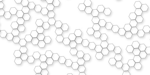 A pattern of white hexagon shapes arranged subtle shadows that create a three-dimensional, layered effect, the geometric repetition and depth of the hexagonal grid.	