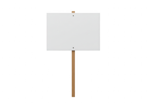 Blank white protest sign on wooden stick isolated on transparent background
