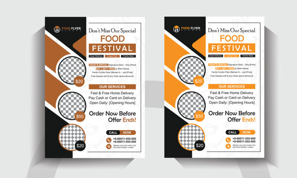 Food Festival Flyer Template. Restaurant Promotion Poster Design. Modern Fast Food Menu and Home Delivery Layout. 