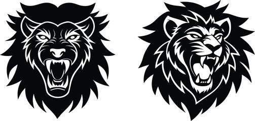 Obraz premium Fierce lion head tattoo design with angry roaring expression for bold body art applications vector