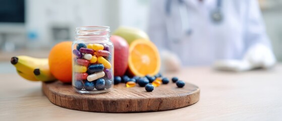 The Jar of Colorful Supplements with Fresh Fruit and Doctor in Background