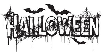 Fototapeta premium Halloween text with bats and spider webs isolated on white background, perfect for spooky season decorations and themed party invitations or banners